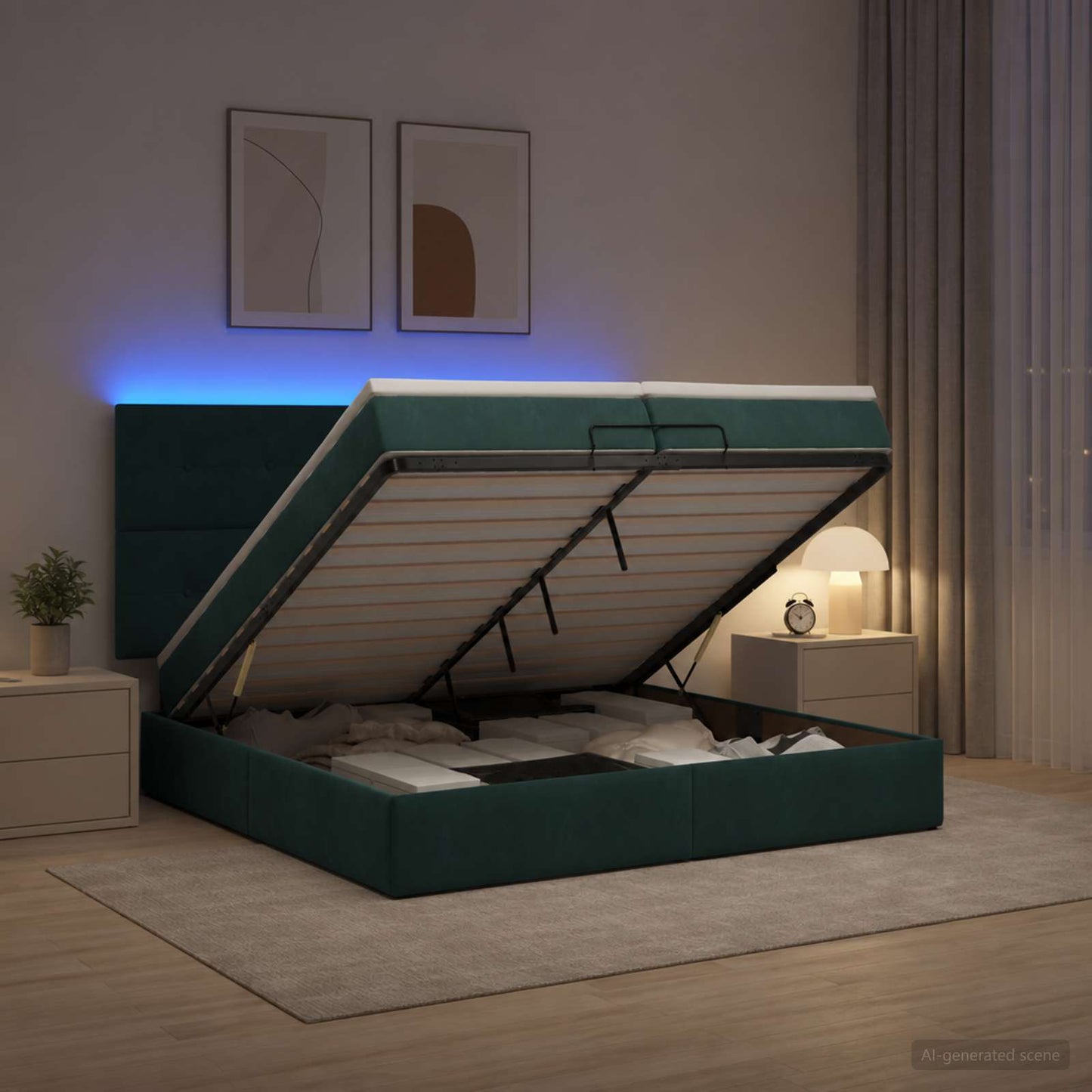 vidaXL Κρεβάτι Ottoman με Στρώμα και LED Σκούρο Πράσινο 200 x 200 cm
