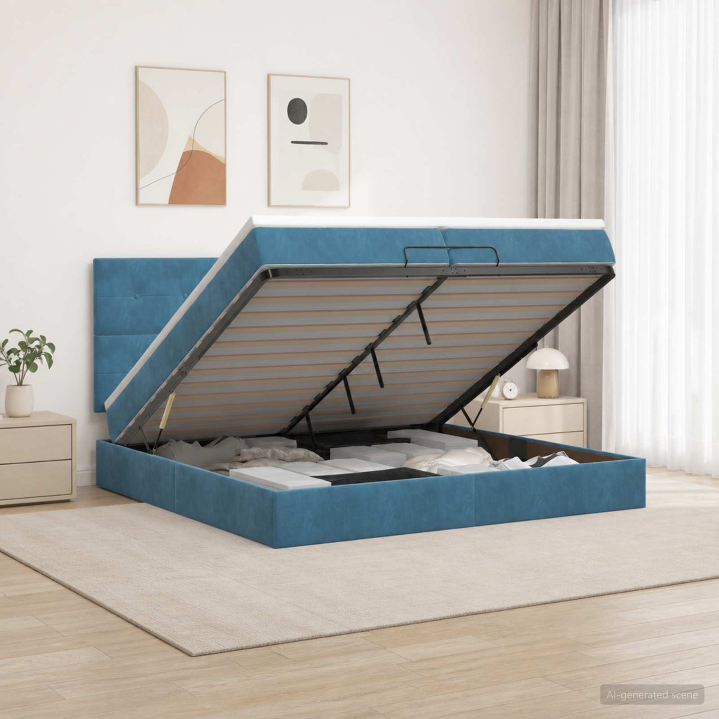 vidaXL Κρεβάτι Ottoman με Στρώμα και LED Σκούρο Μπλε 200 x 200 cm