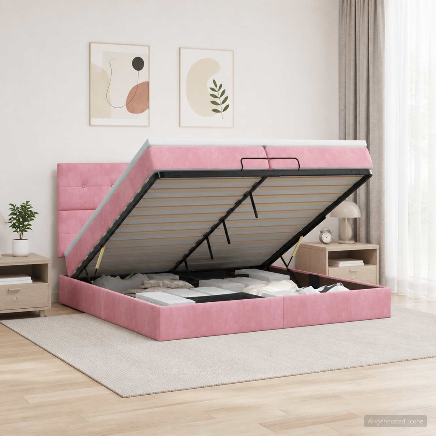 vidaXL Κρεβάτι Ottoman με Στρώμα και LED Ροζ 200 x 200 cm Βελούδο