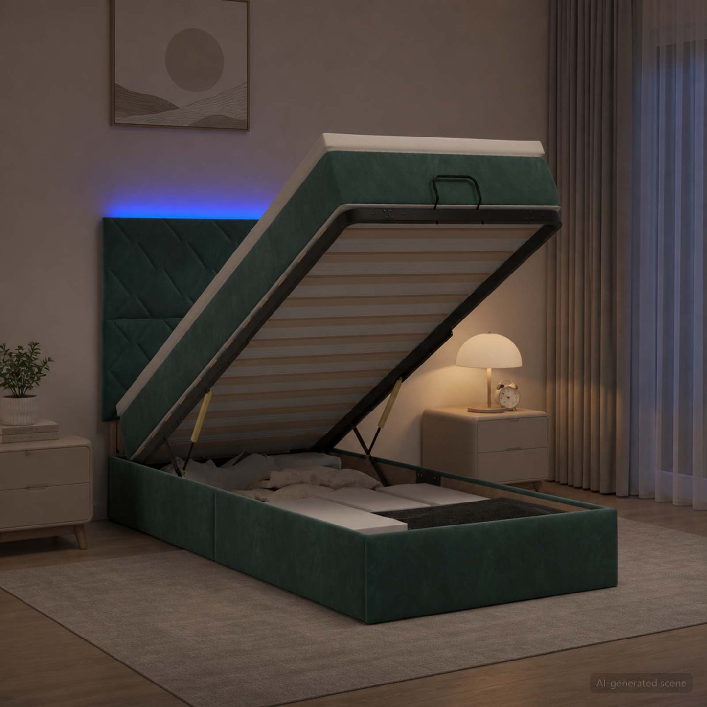vidaXL Κρεβάτι Ottoman με Στρώμα και LED Σκούρο Πράσινο 90 x 200 cm