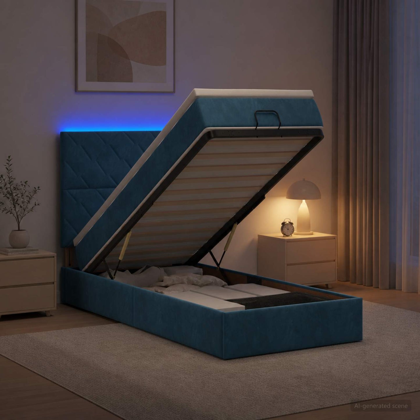 vidaXL Κρεβάτι Ottoman με Στρώμα και LED Σκούρο Μπλε 90 x 200 cm