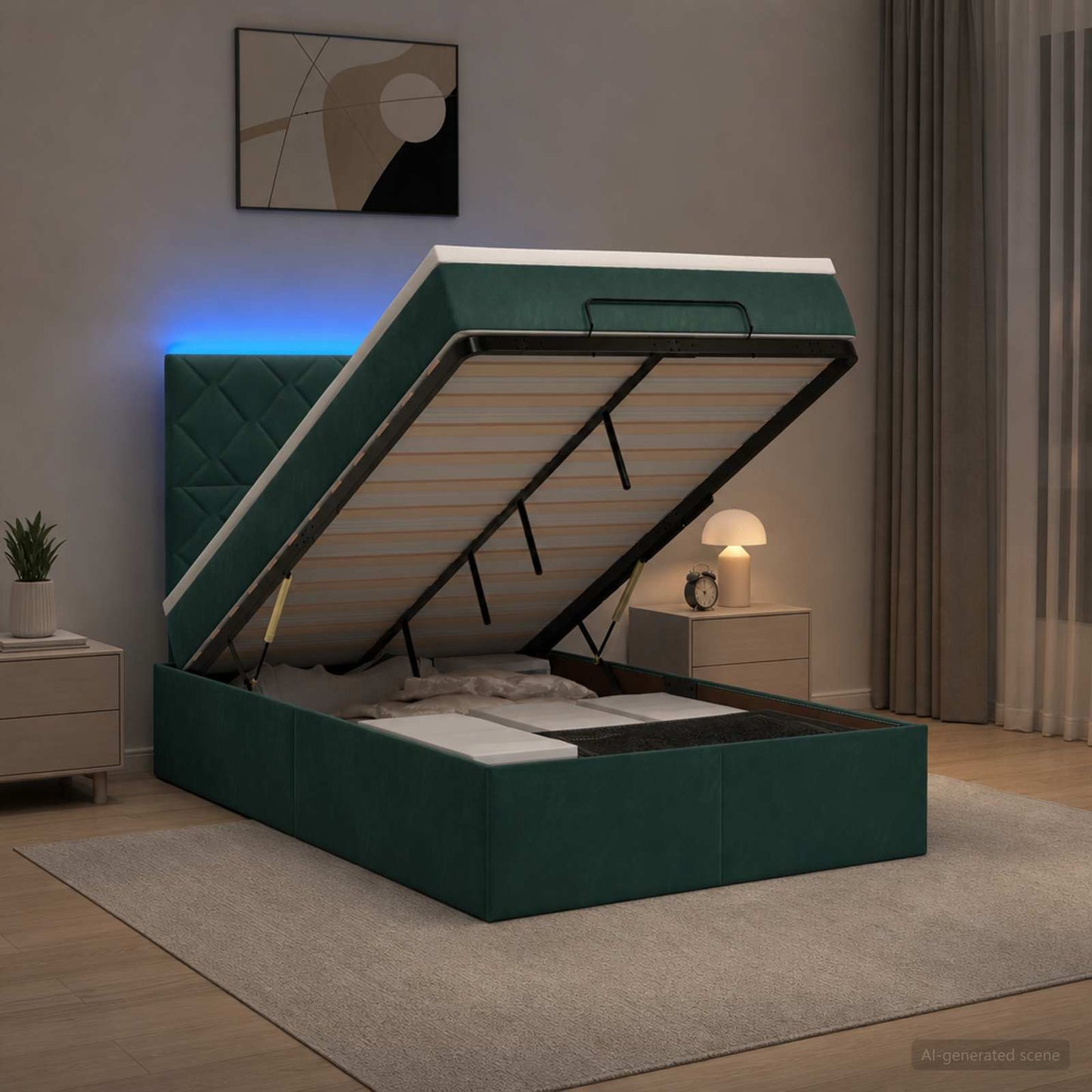 vidaXL Κρεβάτι Ottoman με Στρώμα και LED Σκούρο Πράσινο 120 x 200 cm