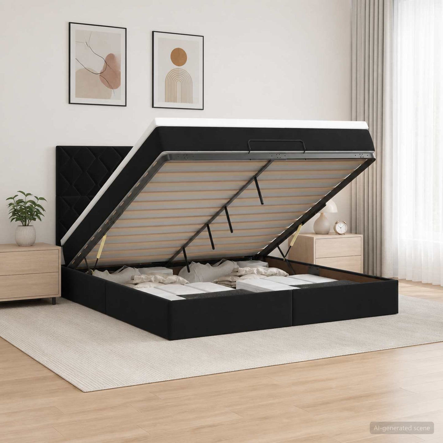 vidaXL Κρεβάτι Ottoman με Στρώμα και LED Μαύρο 140 x 200 cm Βελούδο