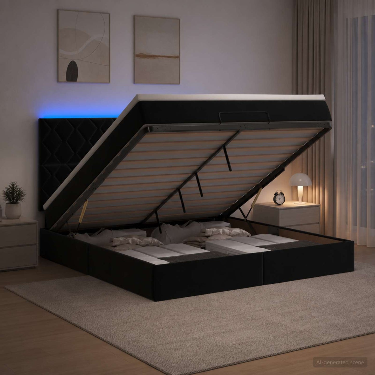 vidaXL Κρεβάτι Ottoman με Στρώμα και LED Μαύρο 140 x 190 cm Βελούδο