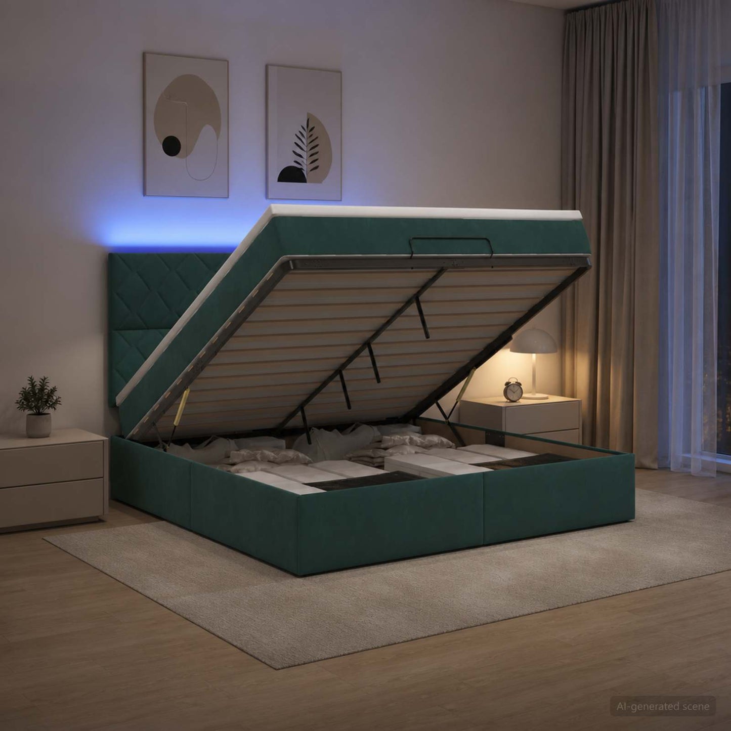 vidaXL Κρεβάτι Ottoman με Στρώμα και LED Σκούρο Πράσινο 140 x 190 cm