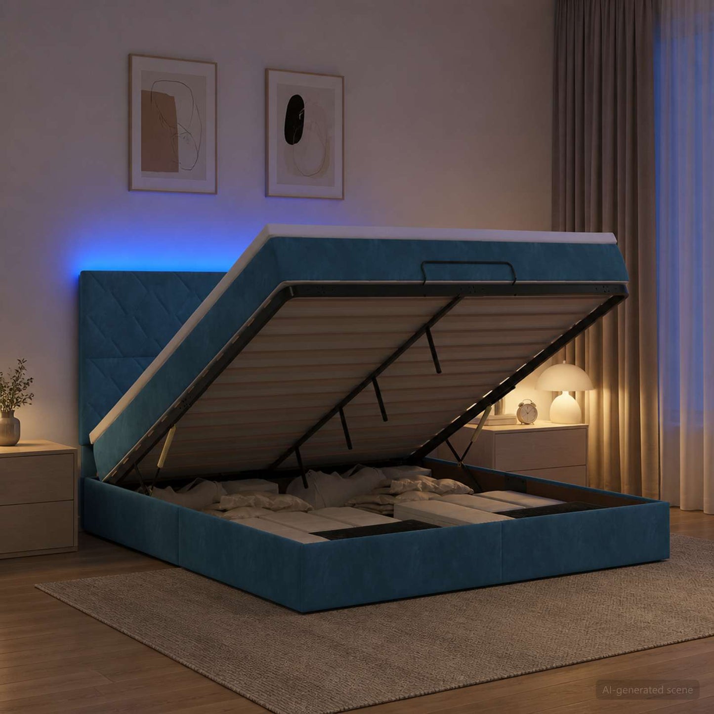 vidaXL Κρεβάτι Ottoman με Στρώμα και LED Σκούρο Μπλε 140 x 200 cm