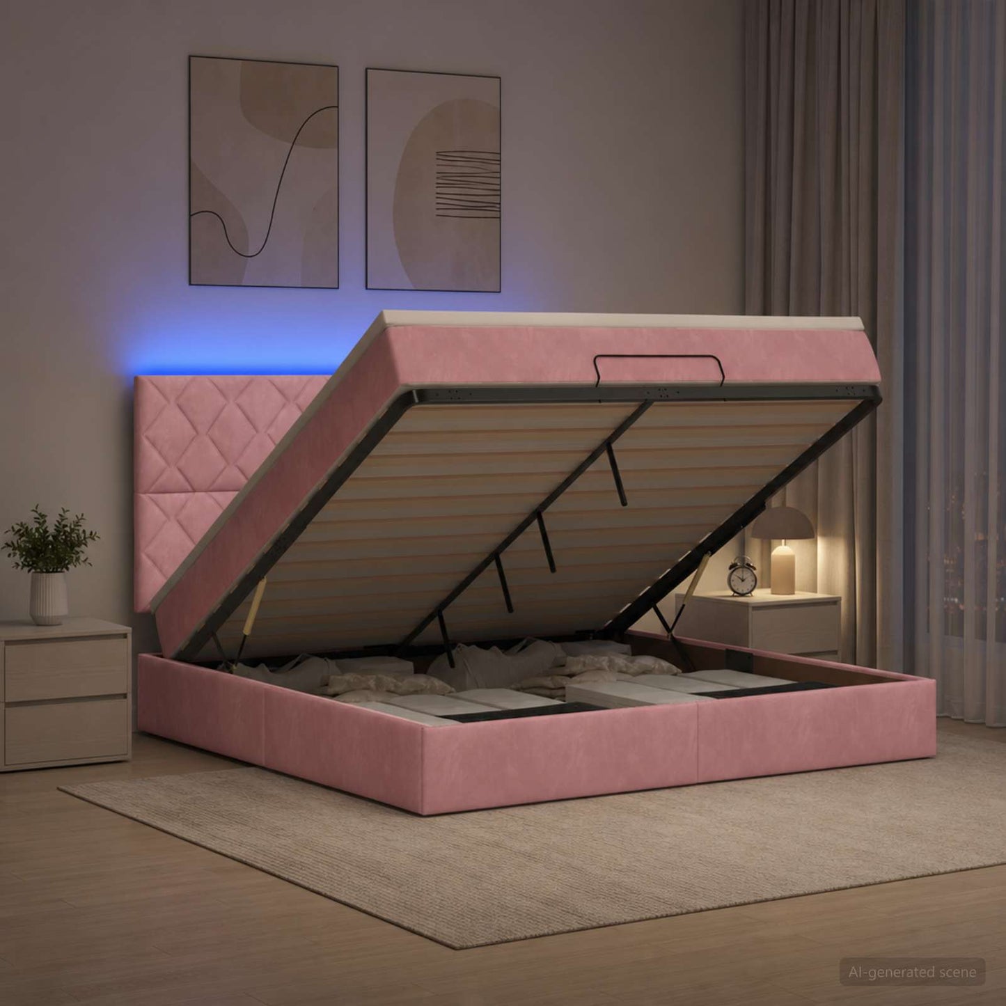 vidaXL Κρεβάτι Ottoman με Στρώμα και LED Ροζ 180 x 200 cm Βελούδο