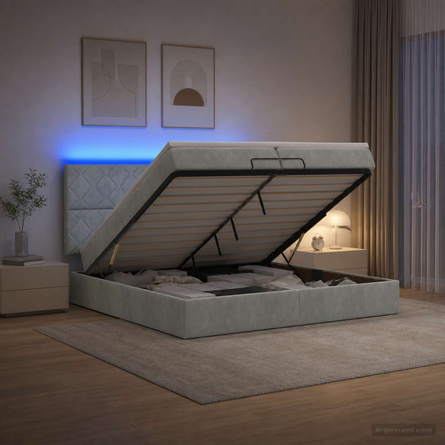 vidaXL Κρεβάτι Ottoman με Στρώμα και LED Ανοιχτό γκρι 200 x 200 cm