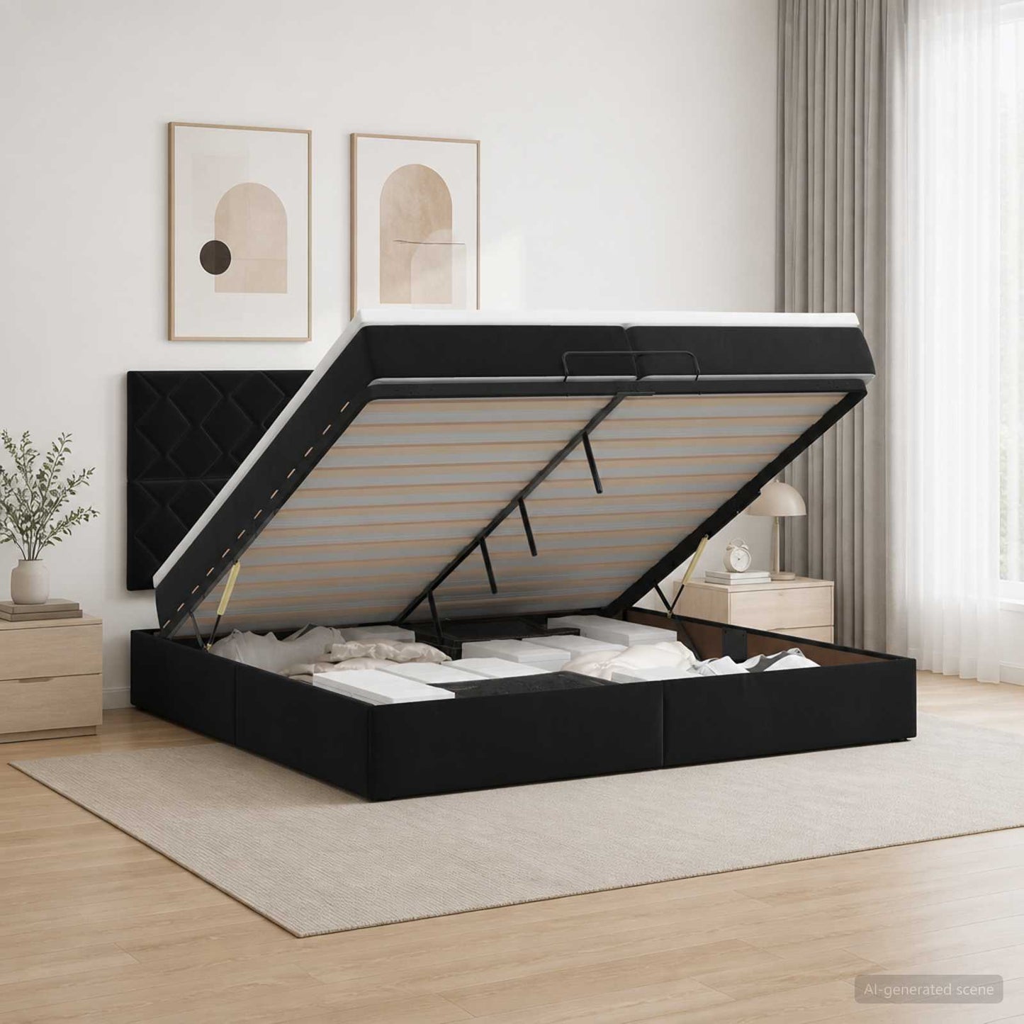 vidaXL Κρεβάτι Ottoman με Στρώμα και LED Μαύρο 200 x 200 cm Βελούδο