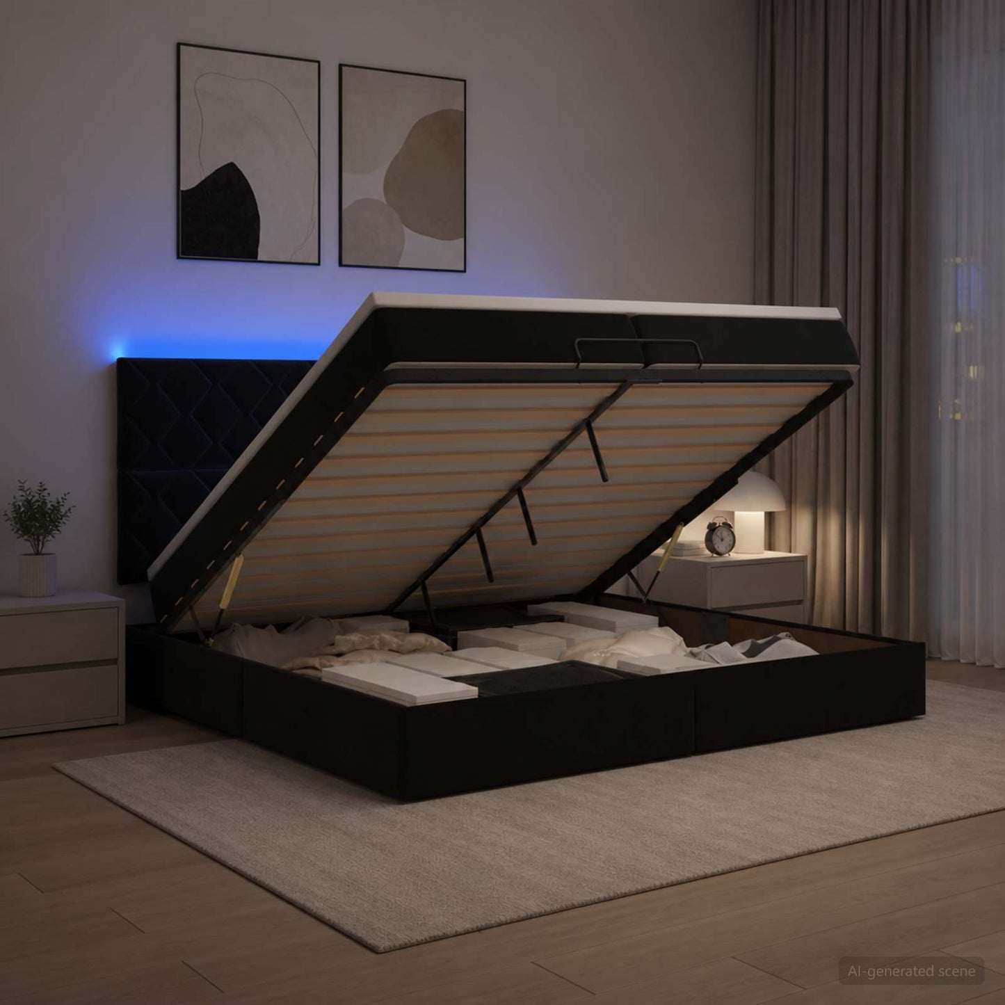 vidaXL Κρεβάτι Ottoman με Στρώμα και LED Μαύρο 200 x 200 cm Βελούδο