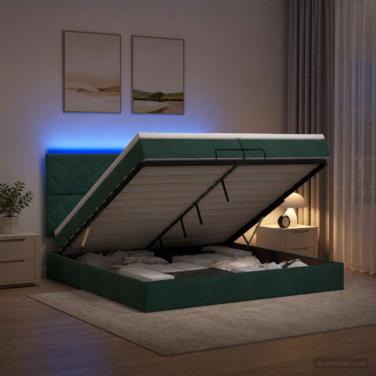 vidaXL Κρεβάτι Ottoman με Στρώμα και LED Σκούρο Πράσινο 200 x 200 cm