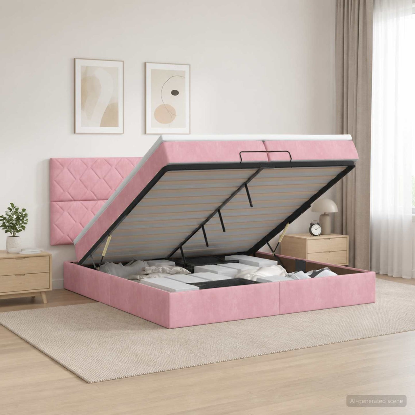 vidaXL Κρεβάτι Ottoman με στρώμα με κεφαλάρι Ροζ 200 x 200 cm Βελούδο