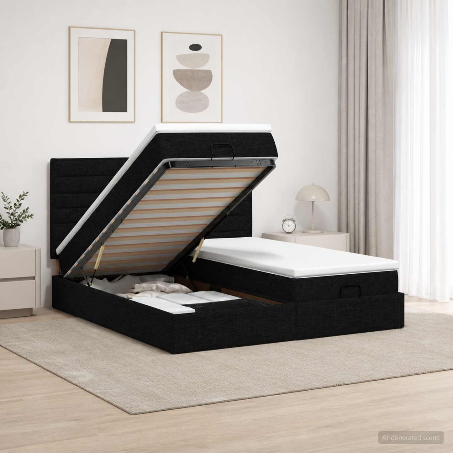 vidaXL Κρεβάτι Ottoman με Στρώμα και LED Μαύρο 180 x 200 cm Ύφασμα