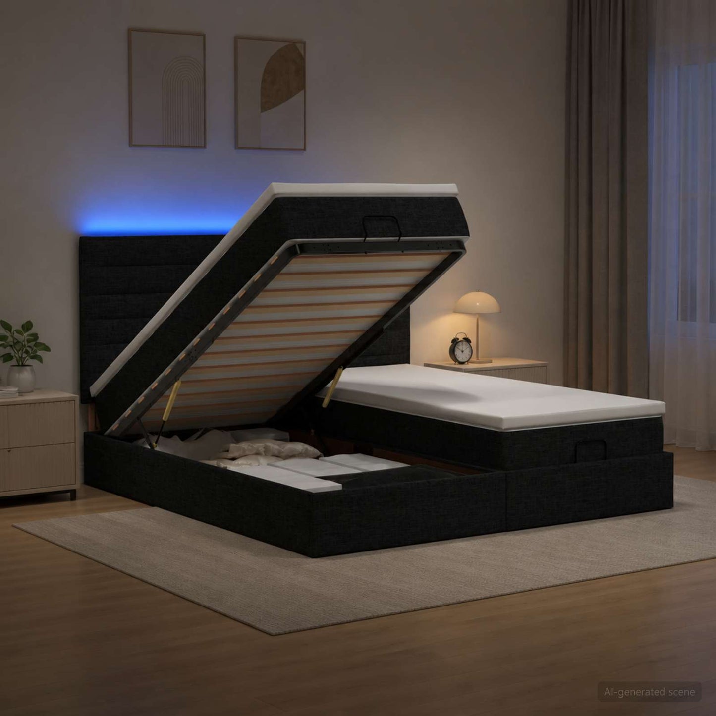 vidaXL Κρεβάτι Ottoman με Στρώμα και LED Μαύρο 180 x 200 cm Ύφασμα