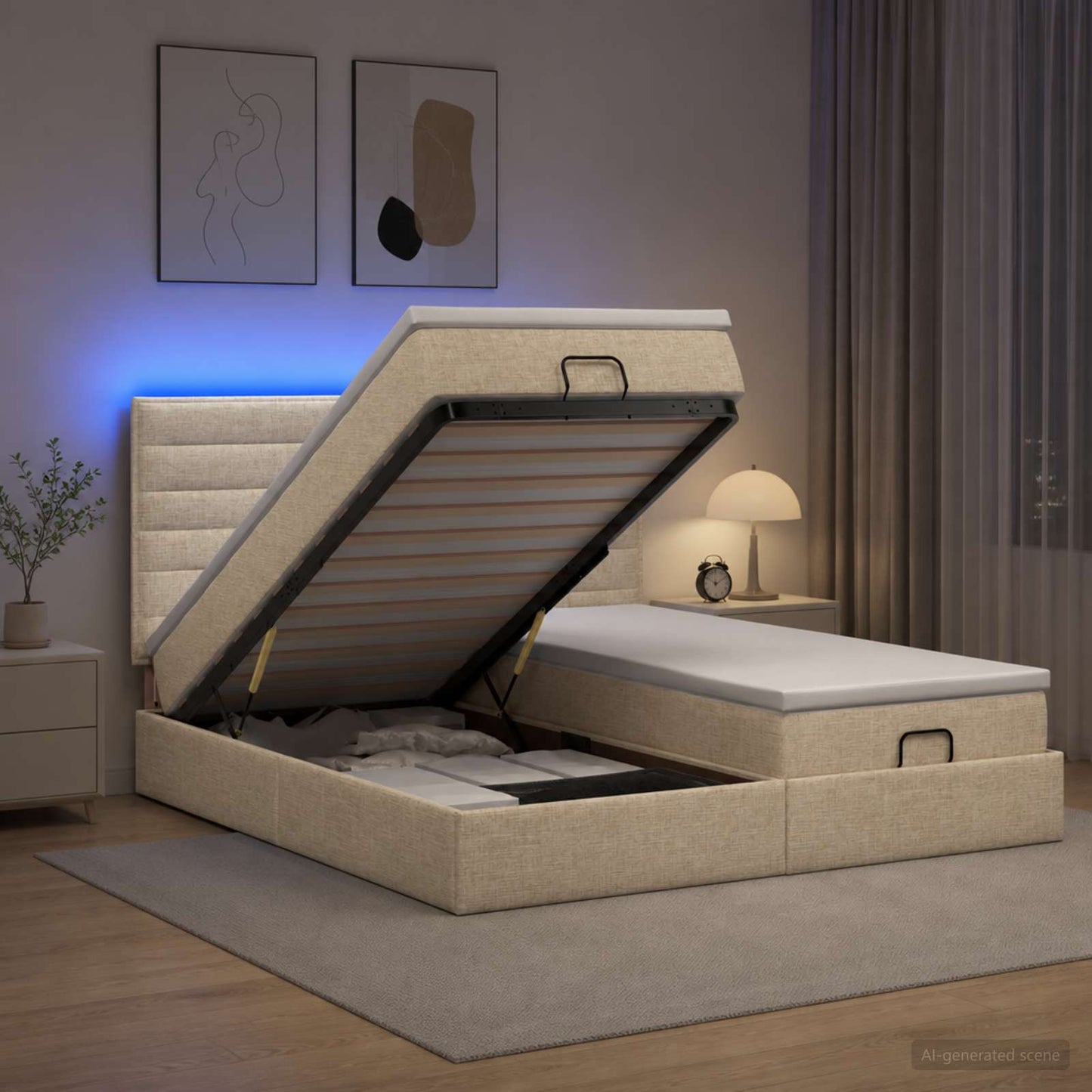 vidaXL Κρεβάτι Ottoman με Στρώμα και LED Κρεμ 180 x 200 cm Ύφασμα