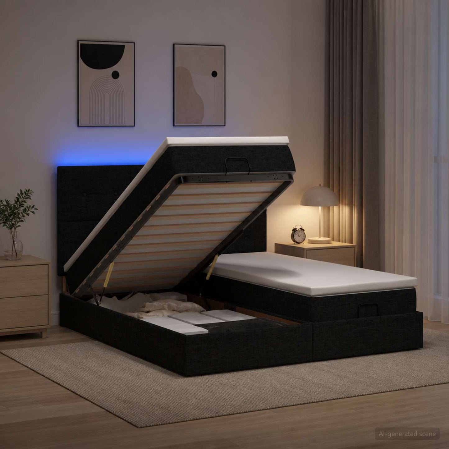 vidaXL Κρεβάτι Ottoman με Στρώμα και LED Μαύρο 180 x 200 cm Ύφασμα