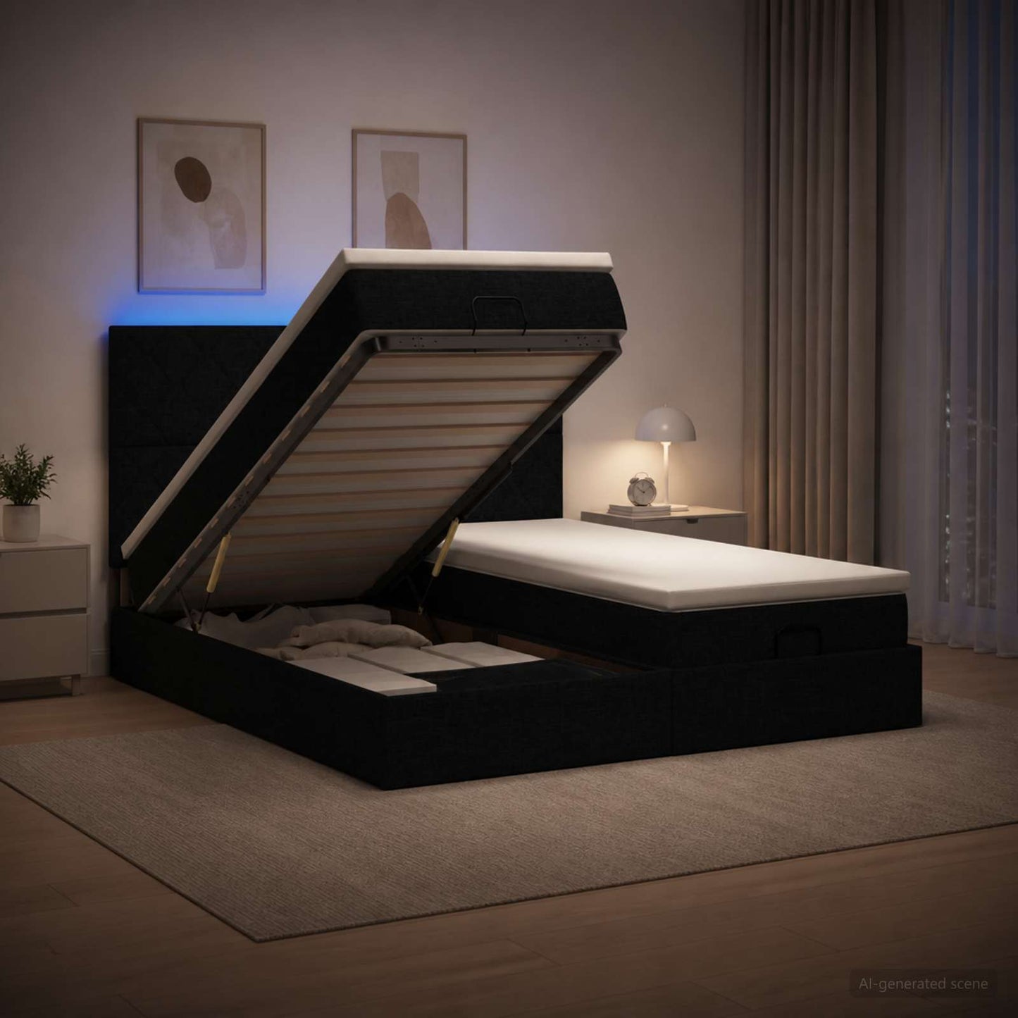 vidaXL Κρεβάτι Ottoman με Στρώμα και LED Μαύρο 160 x 200 cm Ύφασμα