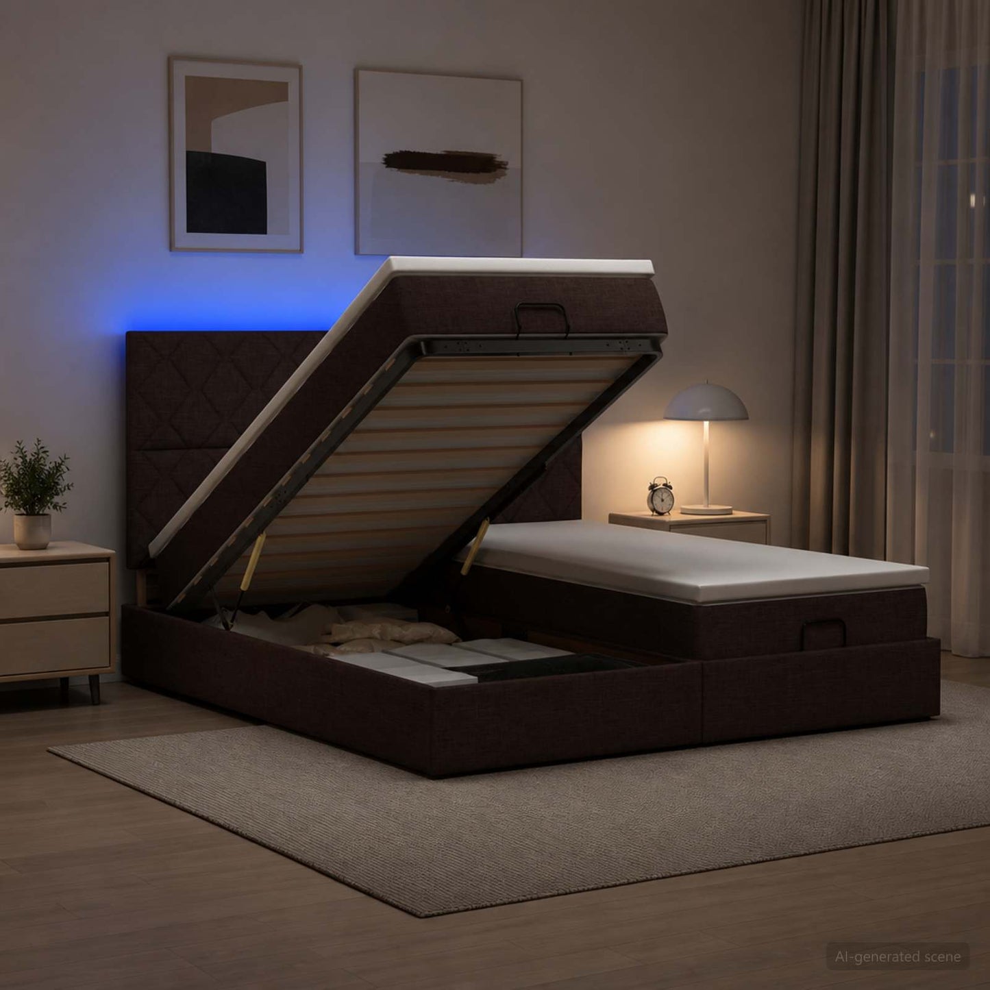 vidaXL Κρεβάτι Ottoman με Στρώμα και LED Σκούρο Καφέ 200 x 200 cm