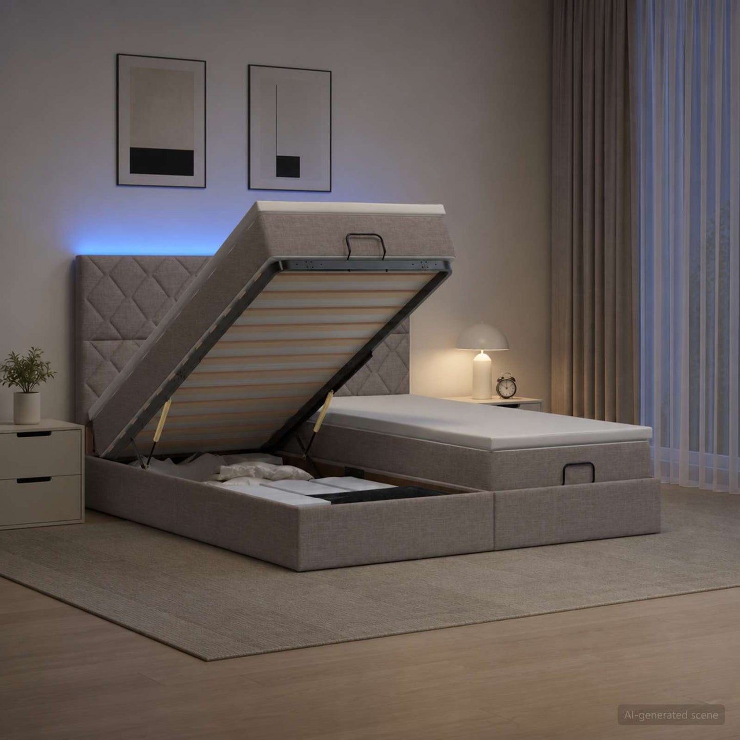 vidaXL Κρεβάτι Ottoman με Στρώμα και LED Taupe 160 x 200 cm Ύφασμα