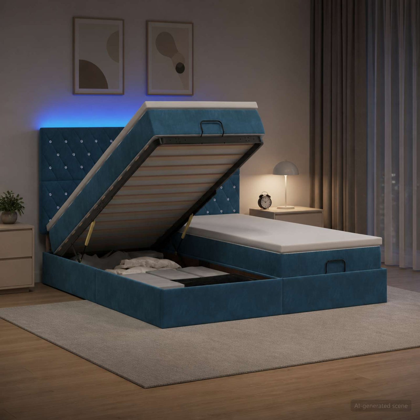 vidaXL Κρεβάτι Ottoman με Στρώμα και LED Σκούρο Μπλε 160 x 200 cm