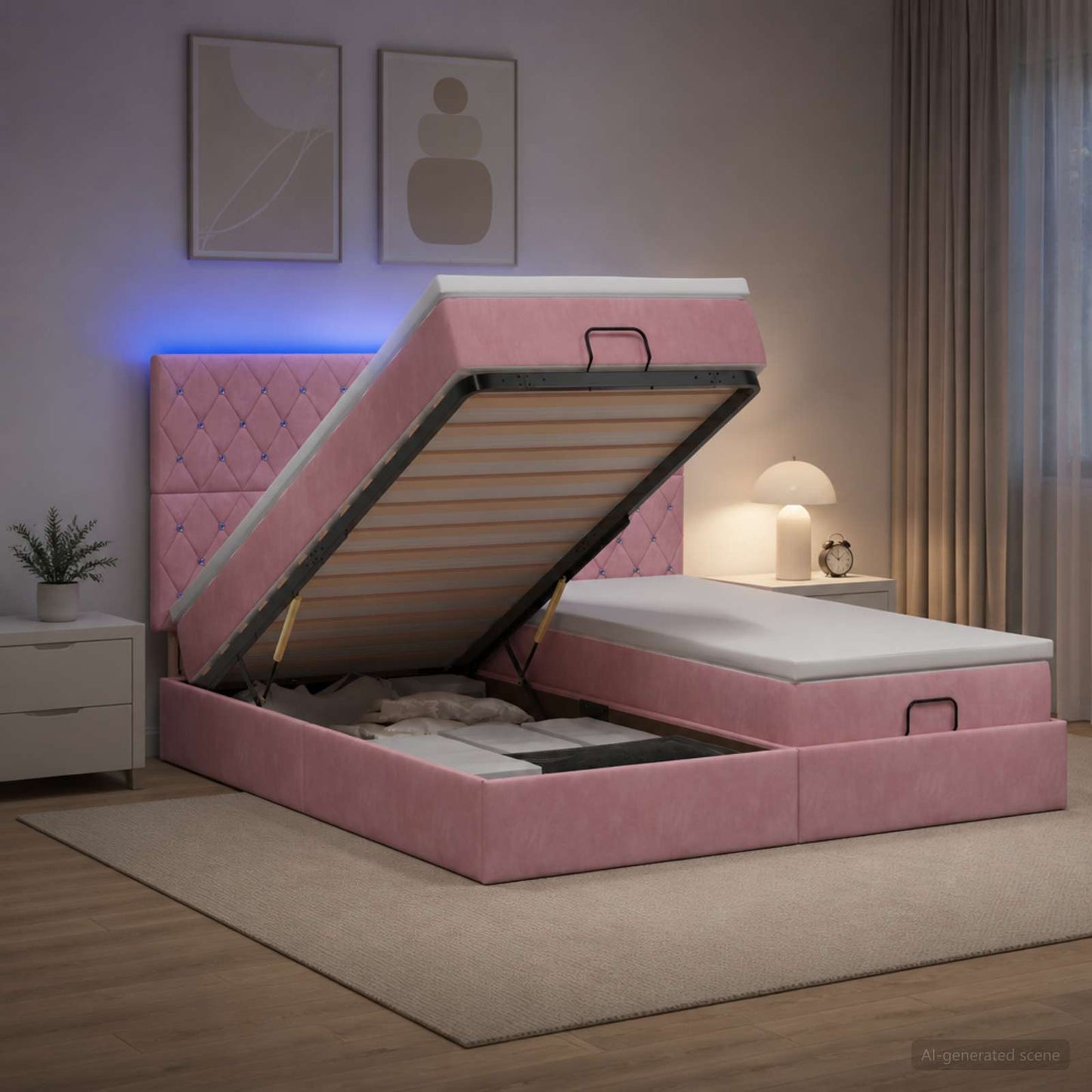 vidaXL Κρεβάτι Ottoman με Στρώμα και LED Ροζ 160 x 200 cm Βελούδο