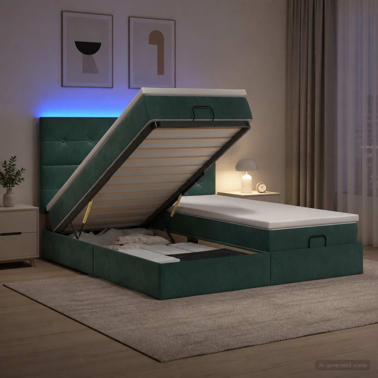 vidaXL Κρεβάτι Ottoman με Στρώμα και LED Σκούρο Πράσινο 200 x 200 cm