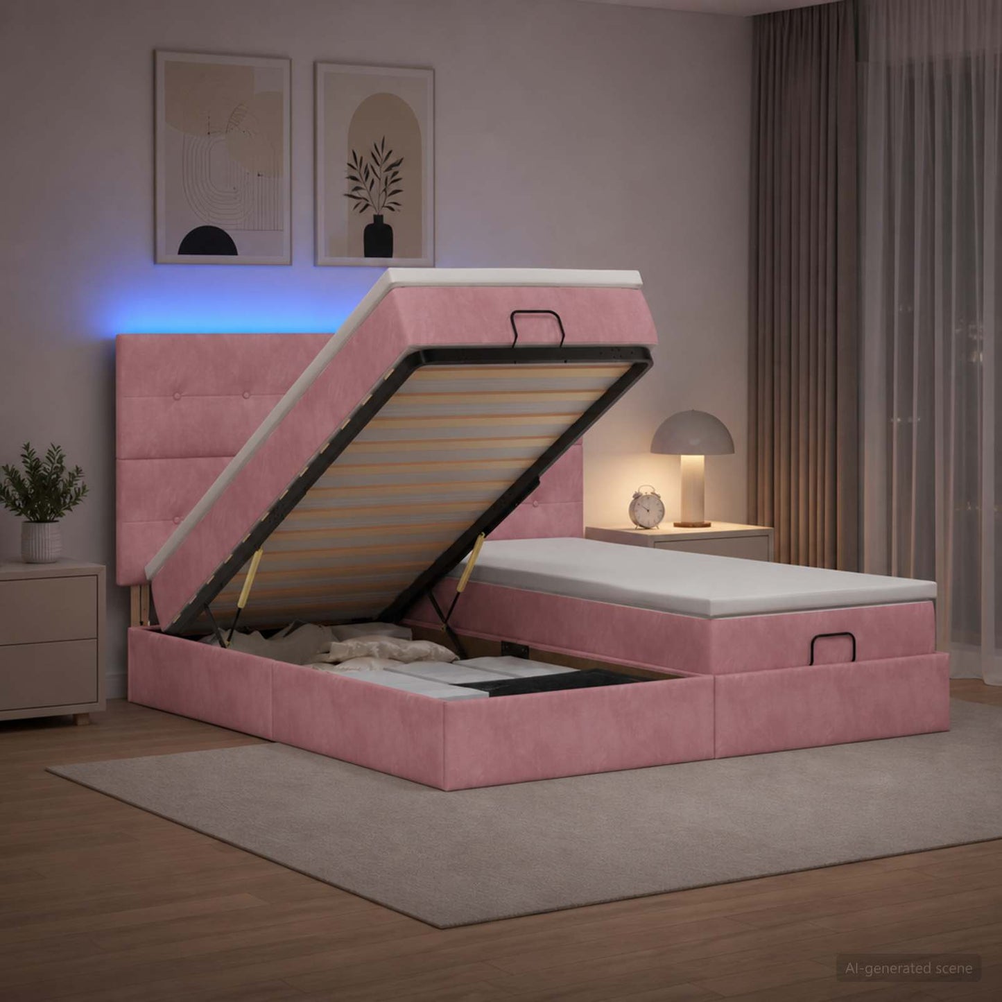 vidaXL Κρεβάτι Ottoman με Στρώμα και LED Ροζ 180 x 200 cm Βελούδο