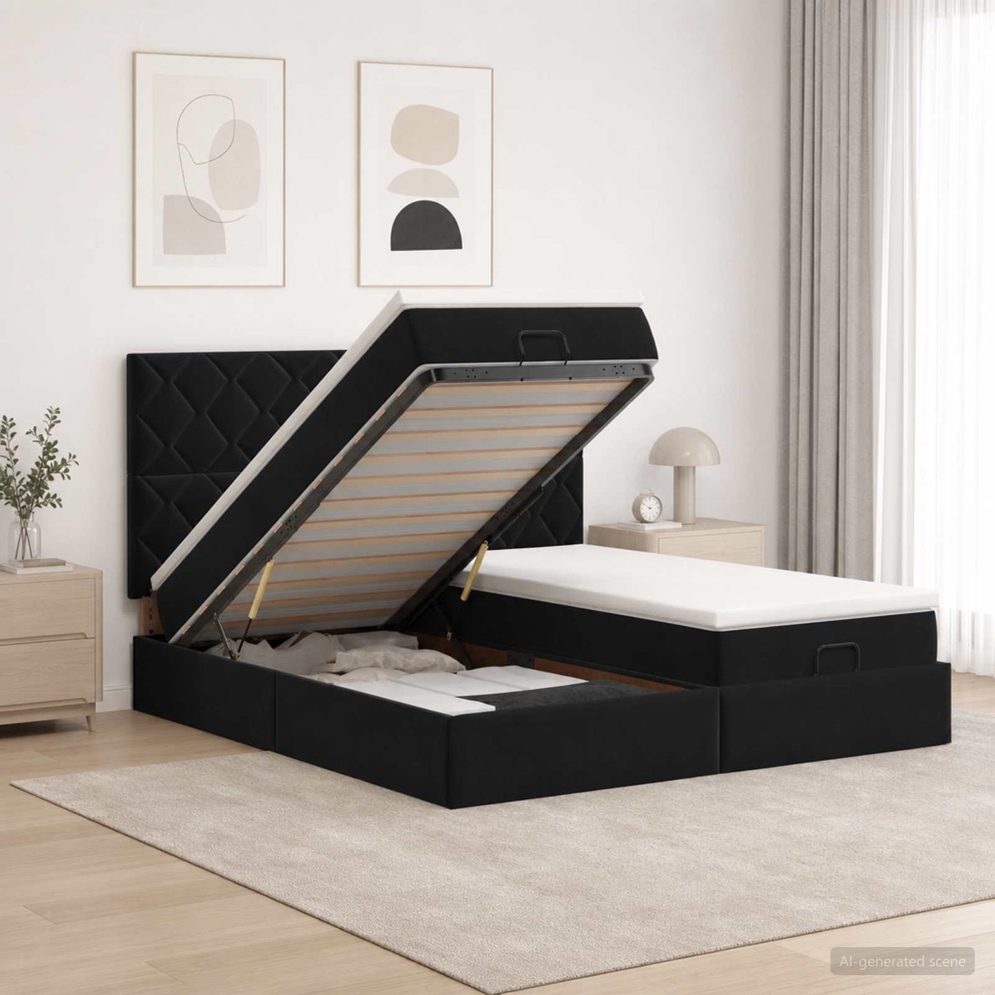 vidaXL Κρεβάτι Ottoman με Στρώμα και LED Μαύρο 200 x 200 cm Βελούδο