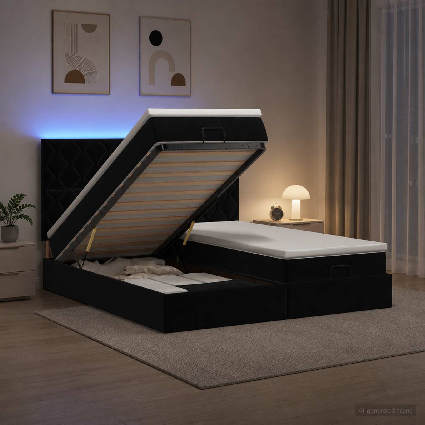 vidaXL Κρεβάτι Ottoman με Στρώμα και LED Μαύρο 180 x 200 cm Βελούδο