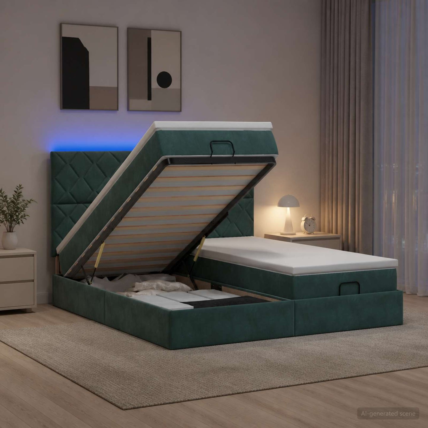 vidaXL Κρεβάτι Ottoman με Στρώμα και LED Σκούρο Πράσινο 200 x 200 cm