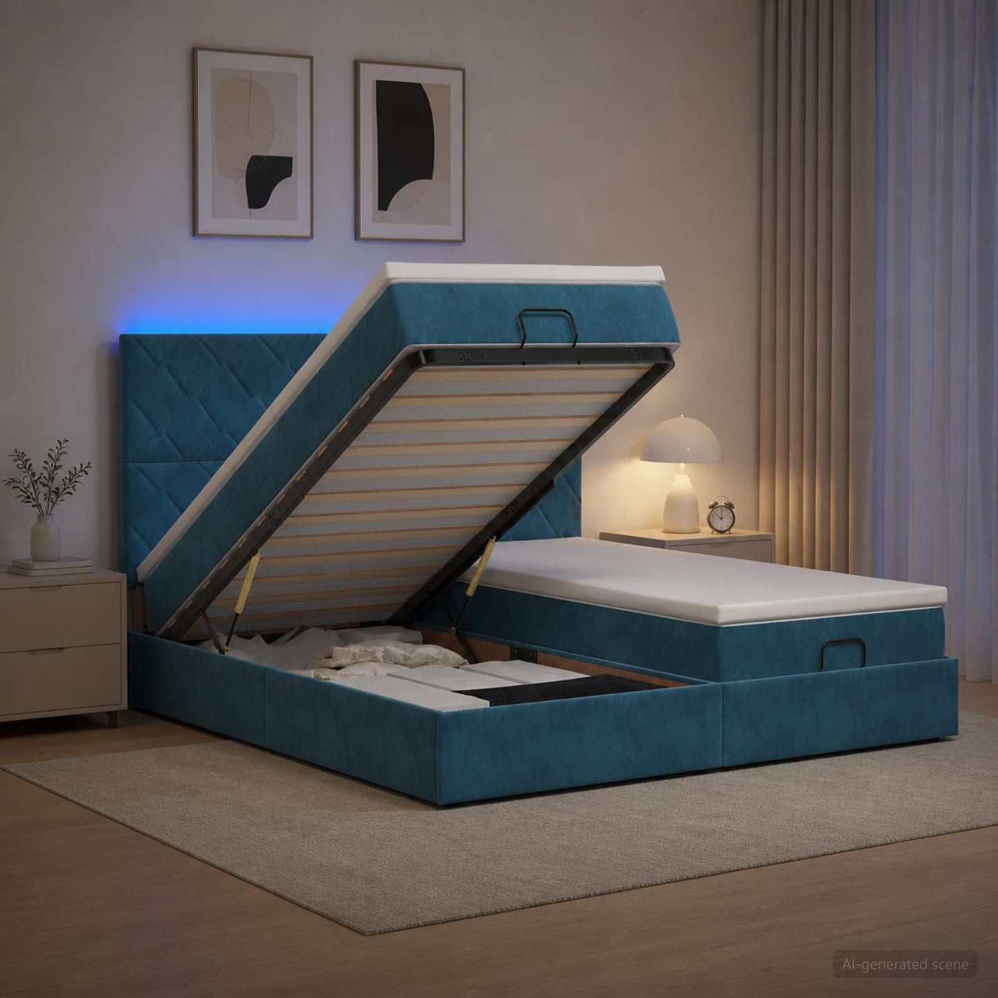vidaXL Κρεβάτι Ottoman με Στρώμα και LED Σκούρο Μπλε 160 x 200 cm