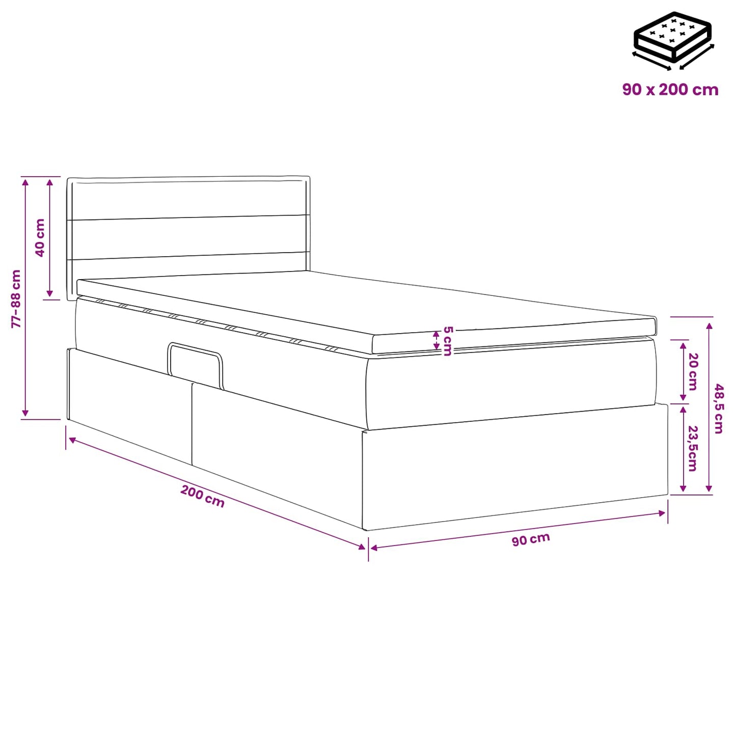 vidaXL Κρεβάτι με αποθηκευτικό χώρο και στρώμα Μαύρο 90 x 200 cm