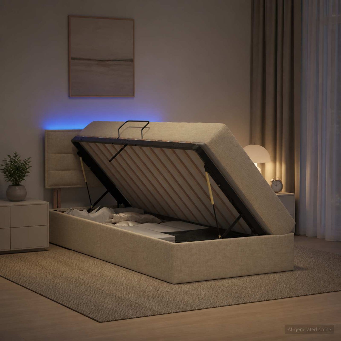 vidaXL LED Κρεβάτι αποθήκευσης με στρώμα Κρεμ 100 x 200 cm Ύφασμα