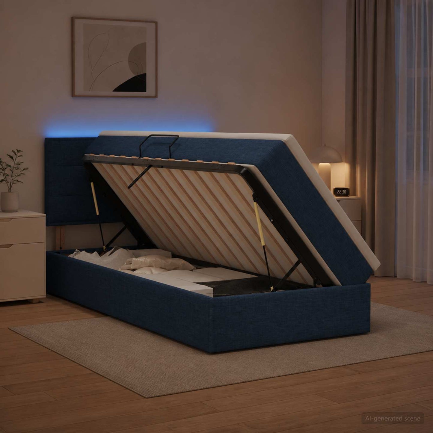 vidaXL LED Κρεβάτι αποθήκευσης με στρώμα Μπλε 100 x 200 cm Ύφασμα