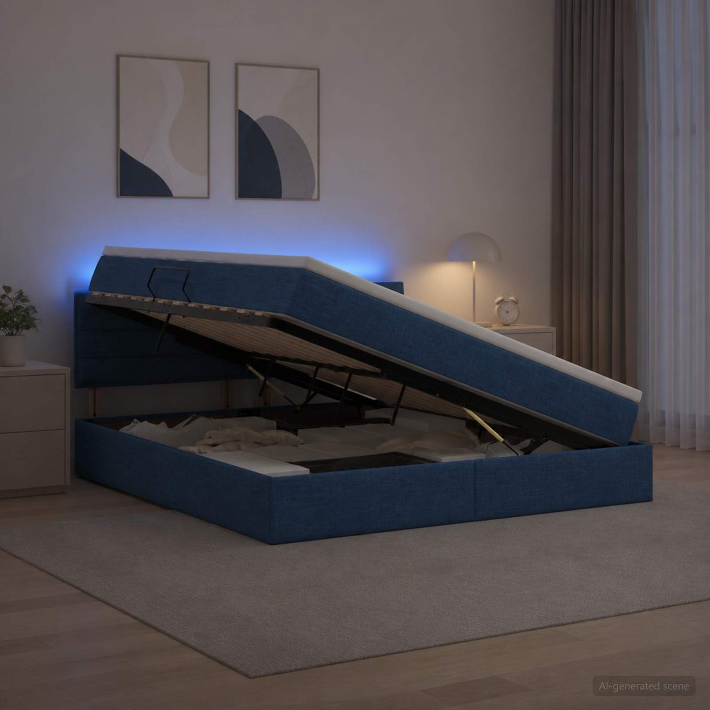 vidaXL LED Κρεβάτι αποθήκευσης με στρώμα Μπλε 160 x 200 cm Ύφασμα