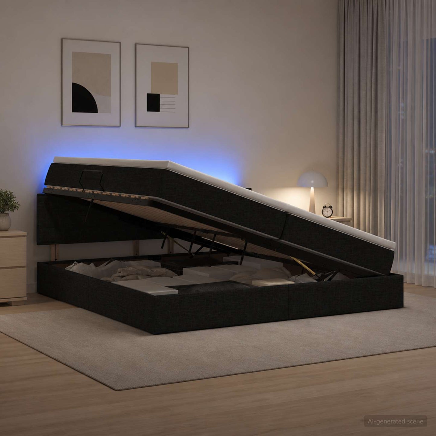 vidaXL LED Κρεβάτι αποθήκευσης με στρώμα Μαύρο 200 x 200 cm Ύφασμα