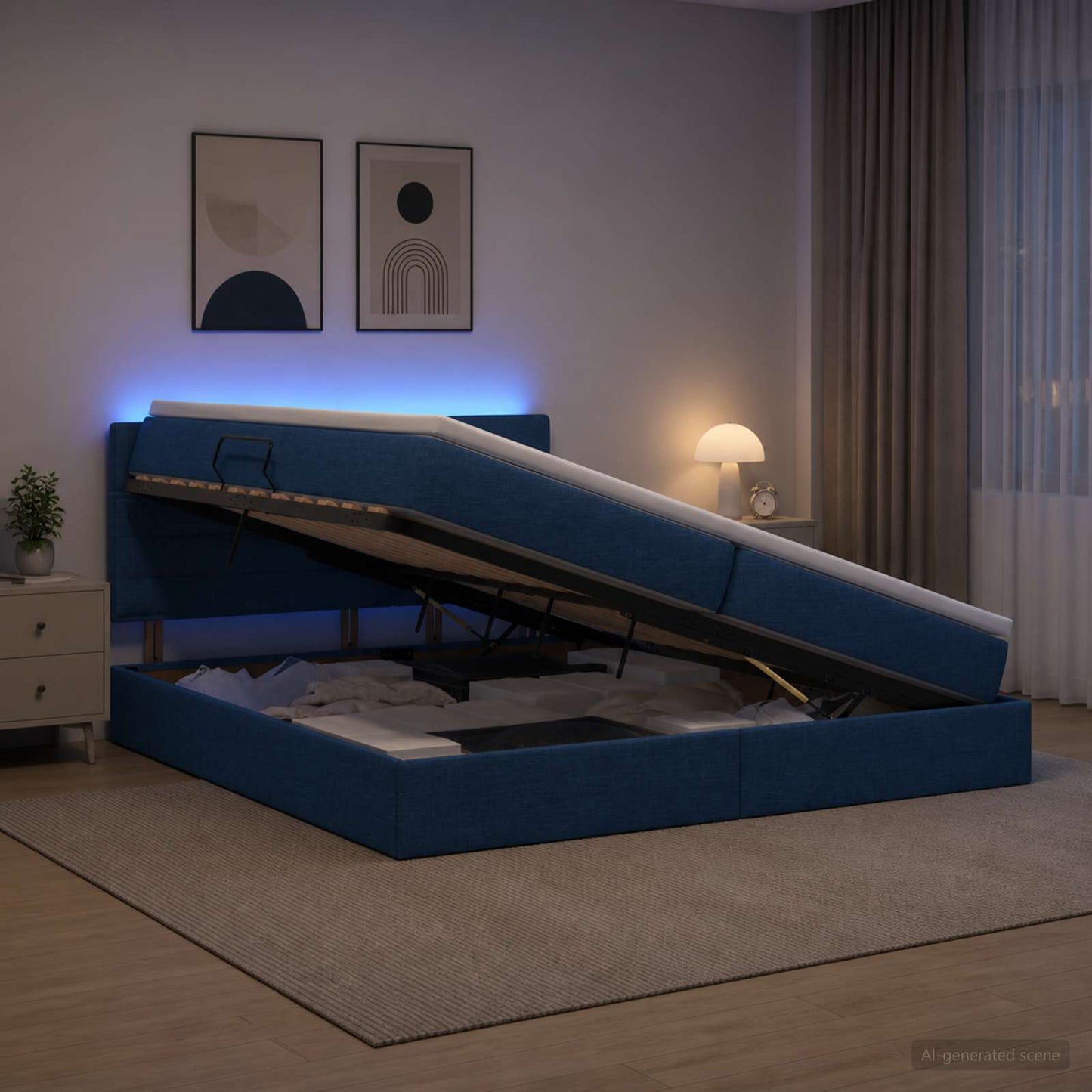 vidaXL LED Κρεβάτι αποθήκευσης με στρώμα Μπλε 200 x 200 cm Ύφασμα