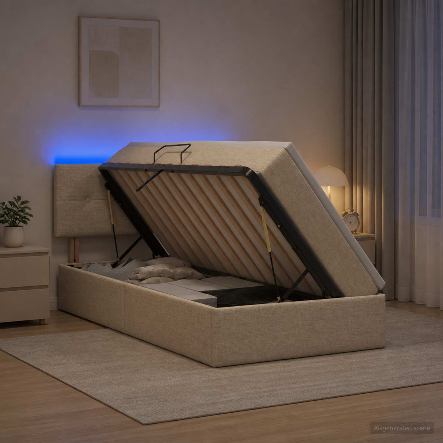 vidaXL LED Κρεβάτι αποθήκευσης με στρώμα Κρεμ 100 x 200 cm Ύφασμα