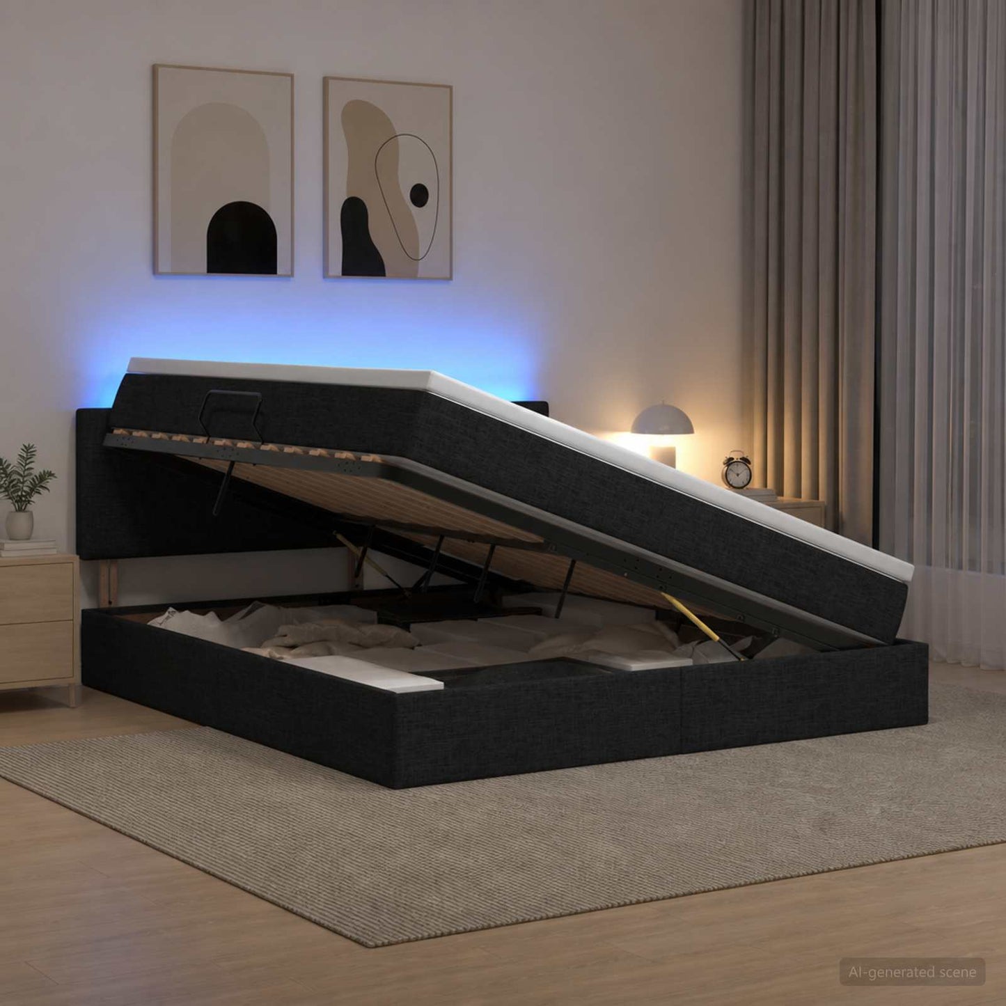 vidaXL LED Κρεβάτι αποθήκευσης με στρώμα Μαύρο 140 x 190 cm Ύφασμα
