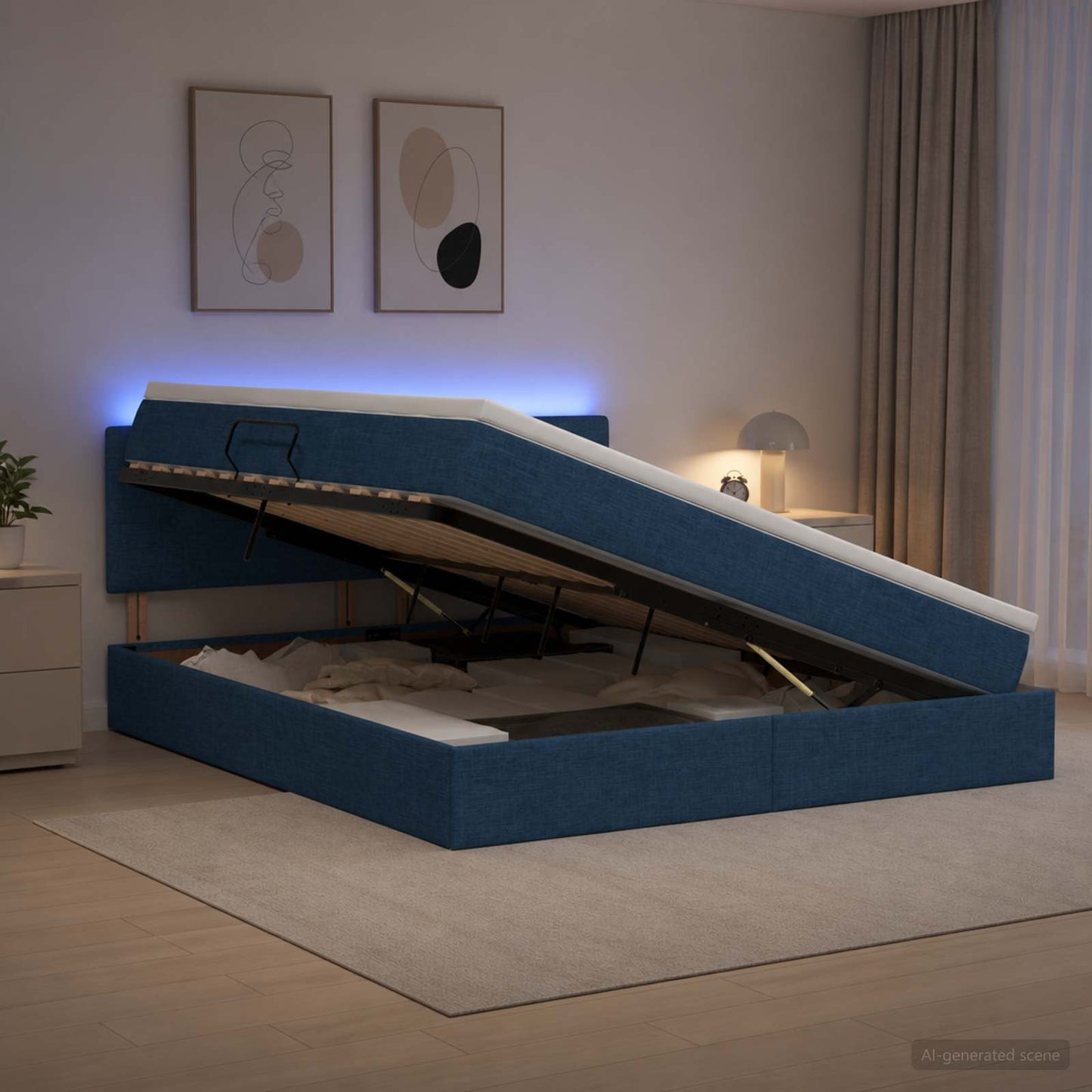 vidaXL LED Κρεβάτι αποθήκευσης με στρώμα Μπλε 160 x 200 cm Ύφασμα