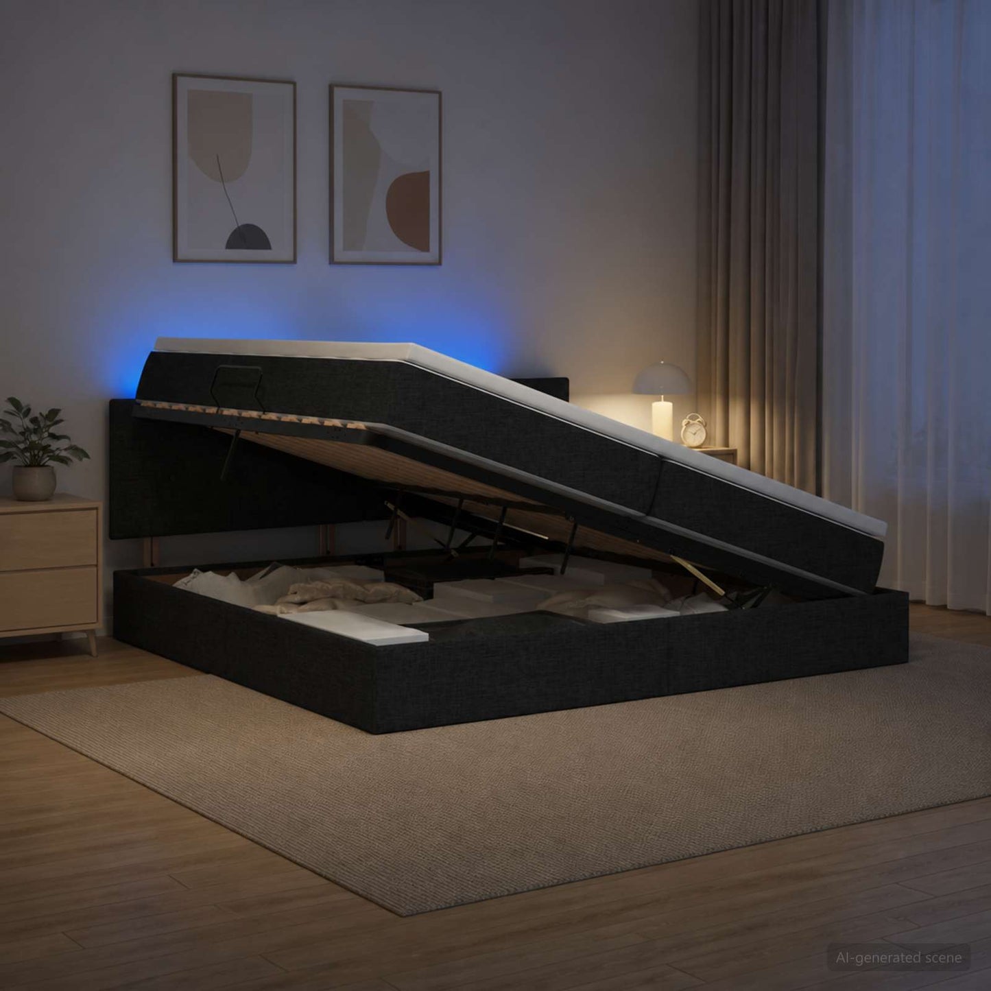 vidaXL LED Κρεβάτι αποθήκευσης με στρώμα Μαύρο 200 x 200 cm Ύφασμα
