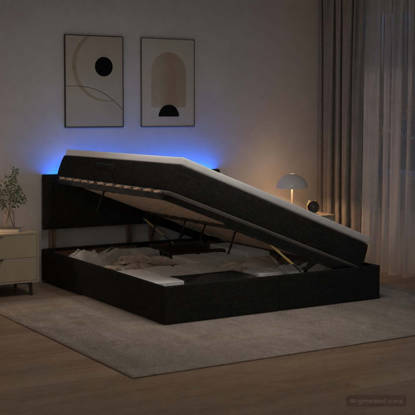 vidaXL LED Κρεβάτι αποθήκευσης με στρώμα Μαύρο 160 x 200 cm Ύφασμα