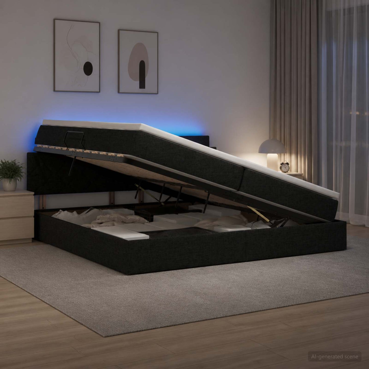 vidaXL LED Κρεβάτι αποθήκευσης με στρώμα Μαύρο 200 x 200 cm Ύφασμα