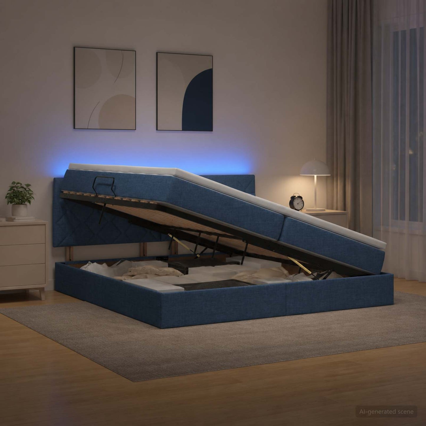 vidaXL LED Κρεβάτι αποθήκευσης με στρώμα Μπλε 200 x 200 cm Ύφασμα