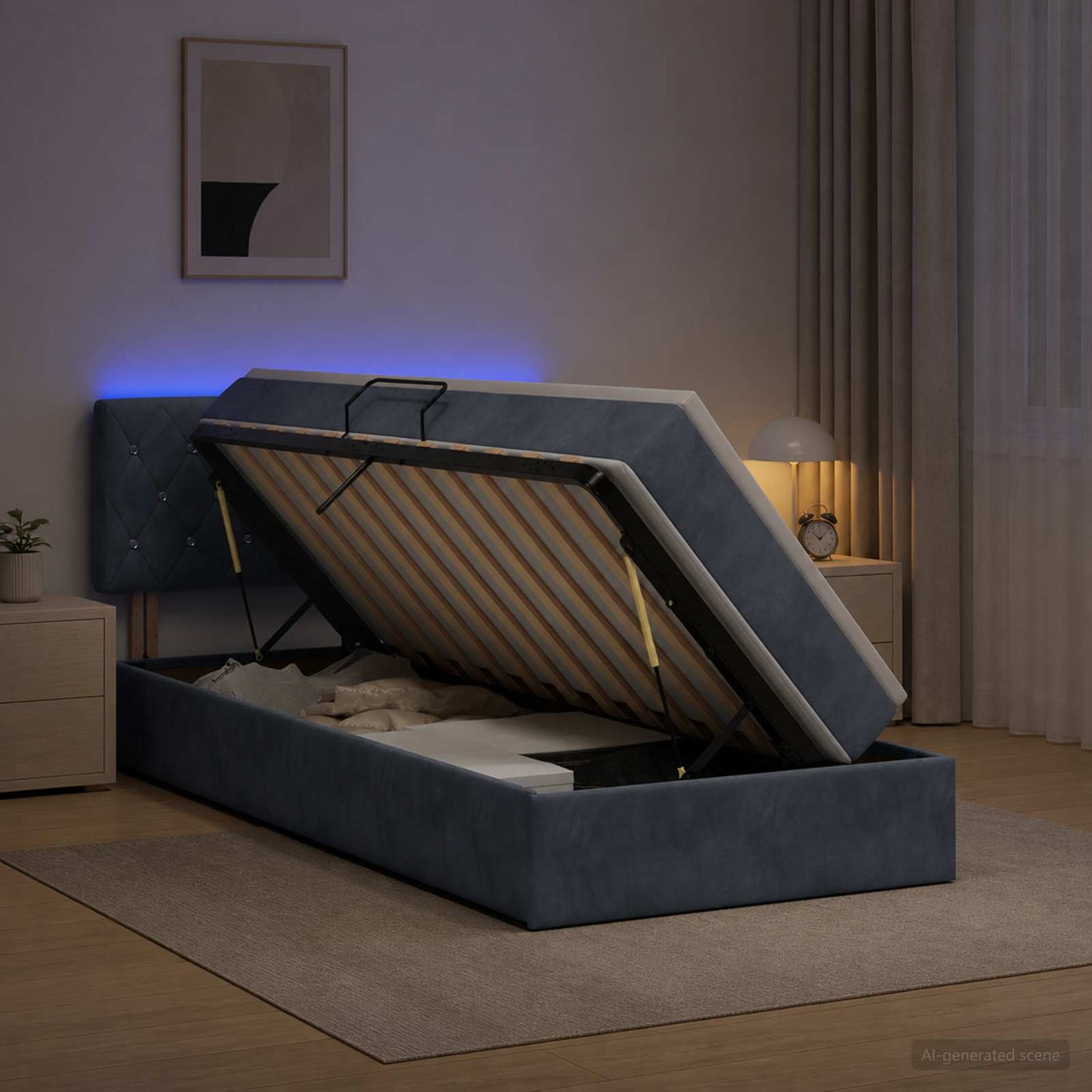 vidaXL LED Κρεβάτι αποθήκευσης με στρώμα Σκούρο Γκρι 90 x 200 cm