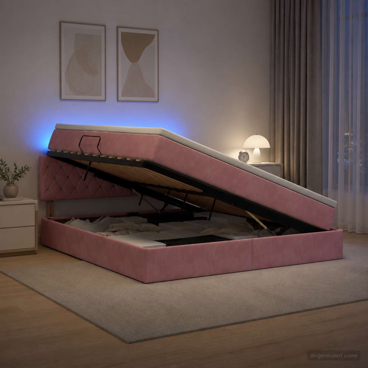 vidaXL LED Κρεβάτι αποθήκευσης με στρώμα Ροζ 160 x 200 cm Βελούδο
