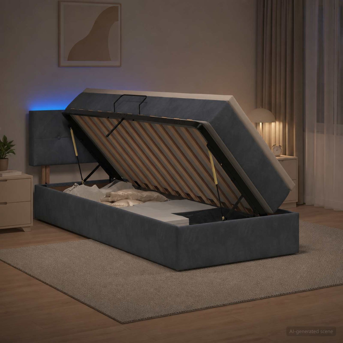 vidaXL LED Κρεβάτι αποθήκευσης με στρώμα Σκούρο Γκρι 90 x 200 cm