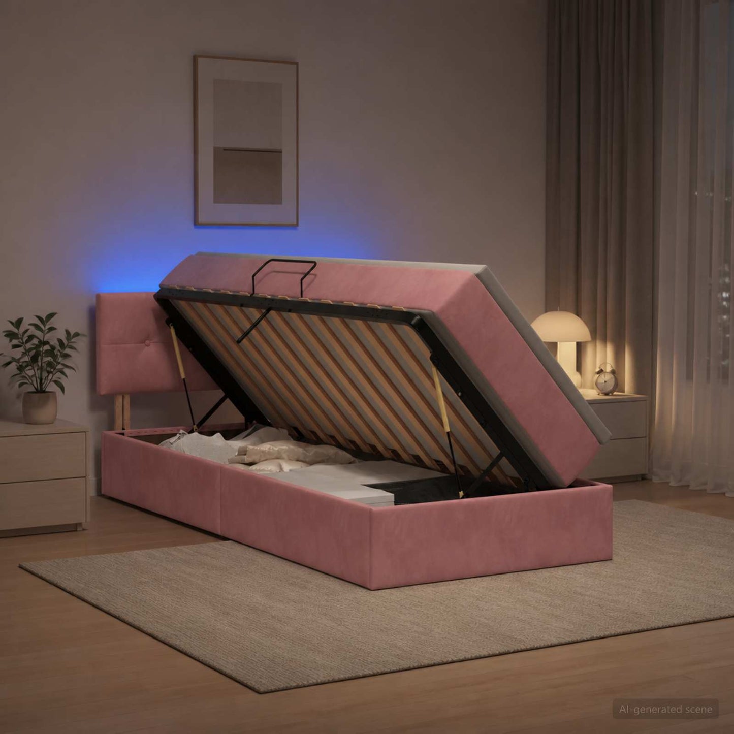 vidaXL LED Κρεβάτι αποθήκευσης με στρώμα Ροζ 100 x 200 cm Βελούδο