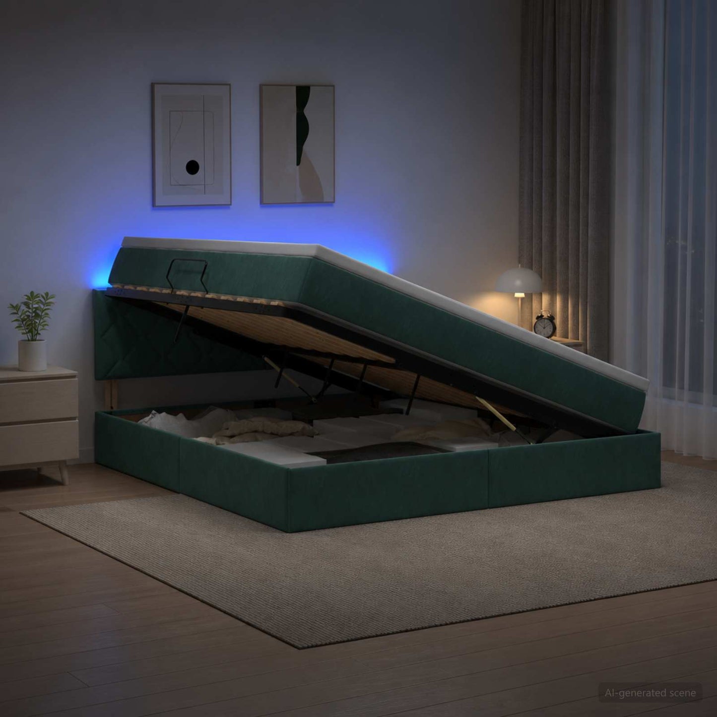 vidaXL LED Κρεβάτι αποθήκευσης με στρώμα Σκούρο Πράσινο 140 x 200 cm