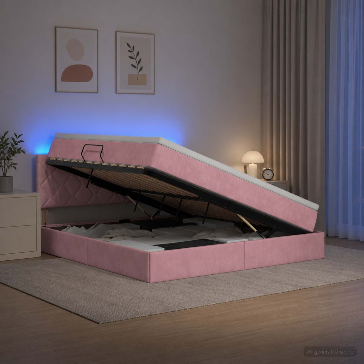 vidaXL LED Κρεβάτι αποθήκευσης με στρώμα Ροζ 140 x 200 cm Βελούδο